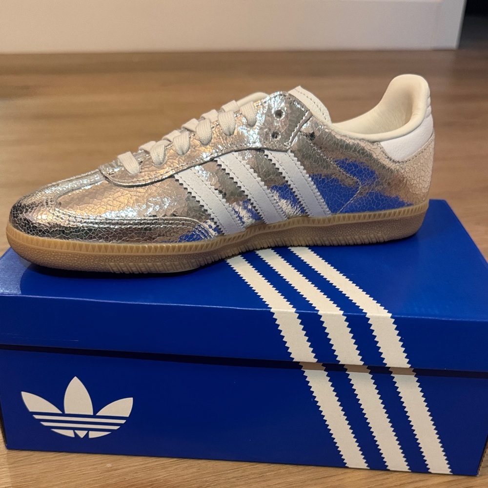 Adidas Women’s Metallic Silver Sneakers with White Stripes